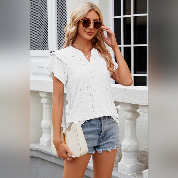 Eyelet Notched Short Sleeve T-Shirt - Picture 3 of 5